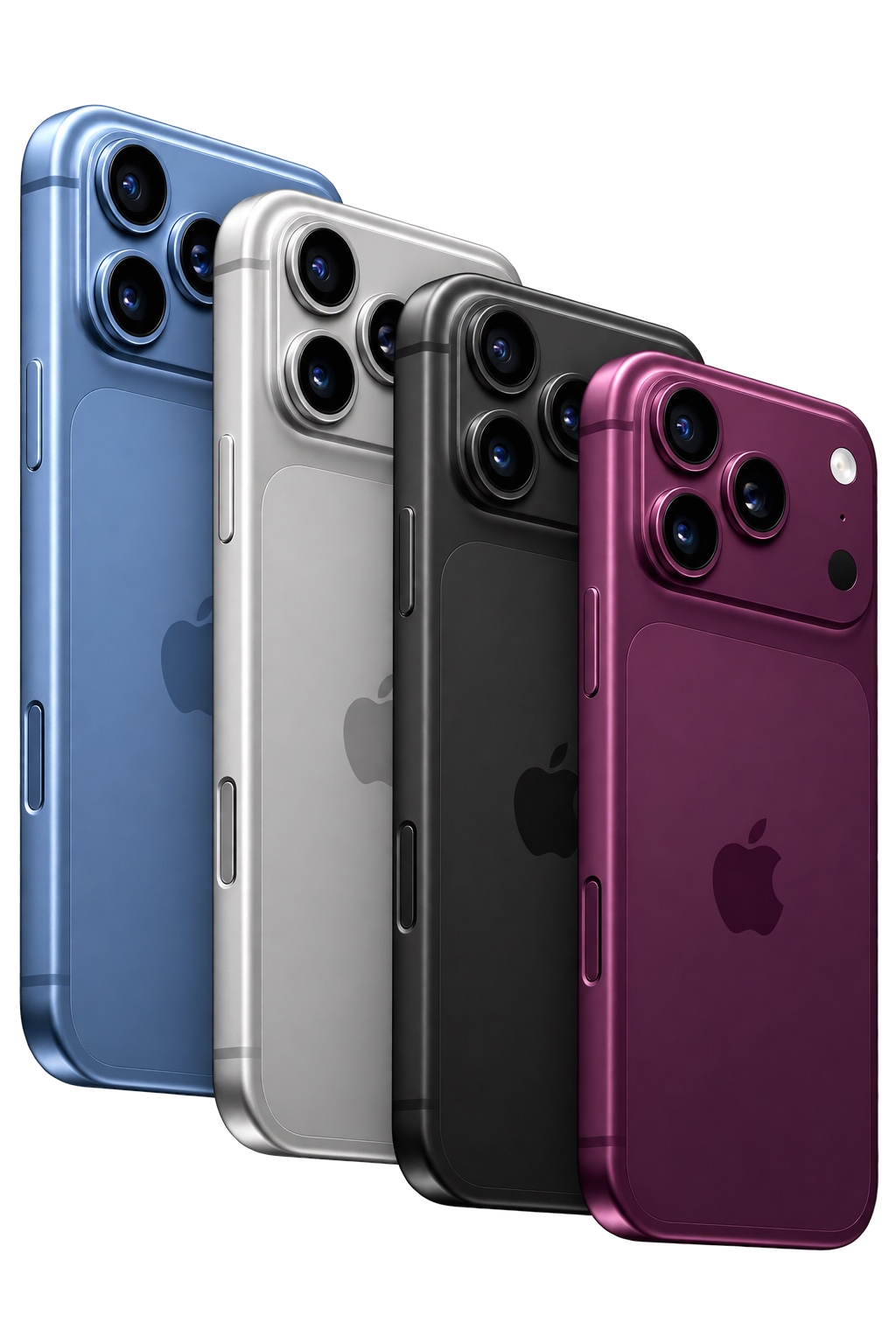 Concepto completo del iPhone 18 Pro y Pro Max en azul, plata, negro y burdeos